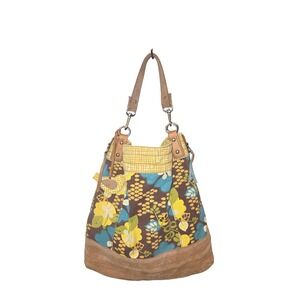 Fossil Key-Per Hobo Bag Womens XL Yellow Brown Floral Canvas Suede Leather Trim